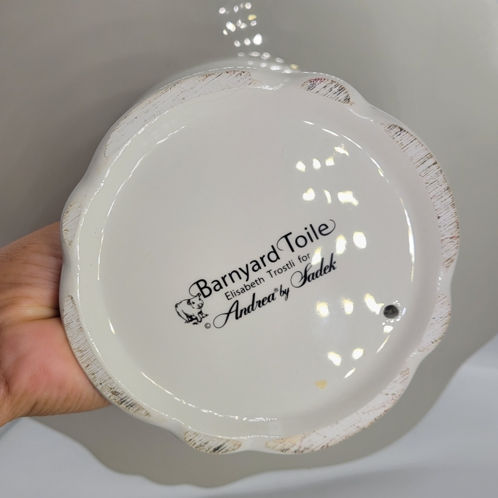 Barnyard Toile Cake Stand Plate Andrea by Sadek 13" Diameter Rooster Goose Hen - Picture 6 of 12
